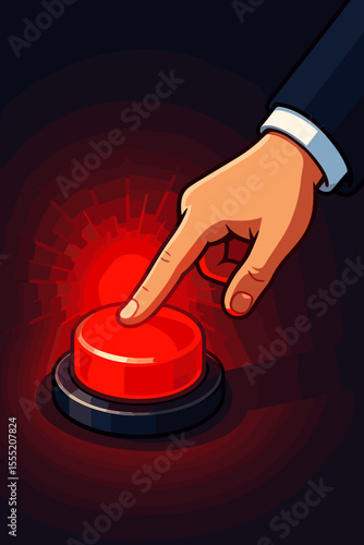 Hand Pressing Red Emergency Button. Alert Symbol. Warning Signal. Decision Making. Risk Management. Business Concept. Urgency. Crisis Response. Vector Illustration. Dark Background.