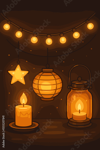 Warm glowing candle lanterns, string lights, and paper lanterns on dark background. Cozy inviting atmosphere, festive decor, warm ambient lighting, cartoon vector illustration for celebration design