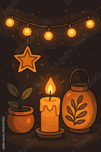 Cozy Warm Glow Decor with Candle, Lantern, Potted Plant, String Lights, and Star Ornament on Dark Background. Inviting Hygge Atmosphere. Vector Cartoon Illustration for Home Interior Design