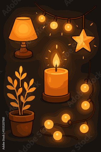 Cozy home decor elements glowing in darkness. Warm lamp, candle, fairy lights, star ornament, potted plant. Hygge atmosphere. Soft lighting interior vector illustration. Night ambience design