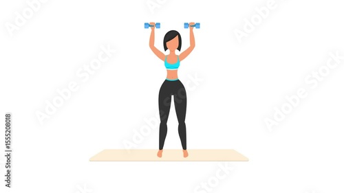 Shoulder press exercise tutorial. Female workout on mat. Fitness woman exercising. Looped 2D animation with young girl character training. Sport and healthy lifestyle concept.