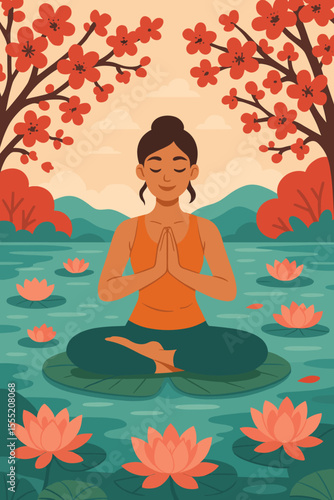 Wallpaper Mural Tranquil woman meditating in lotus position on lily pad in serene lake surrounded by blooming red flowers, peaceful nature landscape, mindfulness, yoga, relaxation, wellness vector illustration Torontodigital.ca