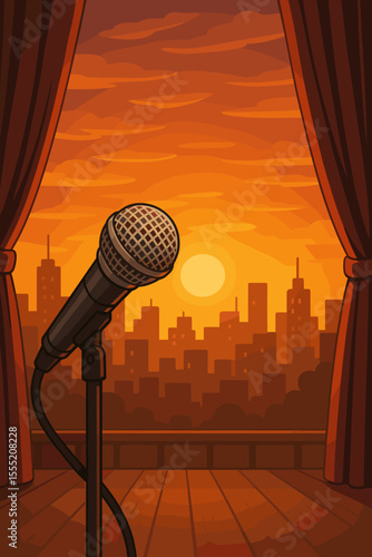 Microphone on Stage at Sunset with City Skyline, Dramatic Theater Curtains, Urban Concert Performance, Stand Up Comedy, Music Show, Open Mic Night, Vector Cartoon Illustration