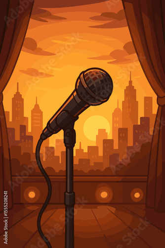 Microphone on Stage at Sunset, City Skyline Background, Live Performance Venue, Stand-Up Comedy, Concert, Open Mic Night, Urban Theater, Warm Lighting, Entertainment Vector Illustration