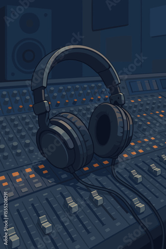 Studio headphones on professional audio mixing console in recording studio. Vector illustration of sound engineering equipment, music production, DJ gear, soundboard controls, studio monitor speakers