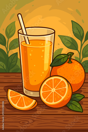 Fresh orange juice glass with straw, whole and sliced oranges, leaves, rustic wooden table. Healthy citrus fruit drink, summer refreshment concept. Cartoon vector illustration, natural beverage.