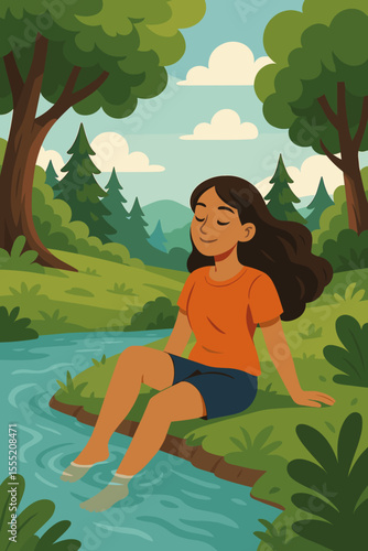 Serene summer day relaxation by riverbank, woman sitting with feet in water, peaceful forest landscape, tranquil nature retreat, outdoor leisure, vector cartoon illustration