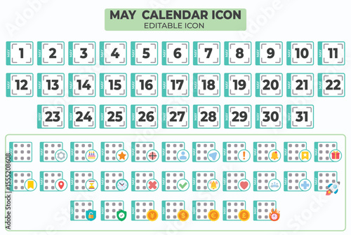 May Calendar Editable Icon Set for Planning and Scheduling in Teal and White Hues