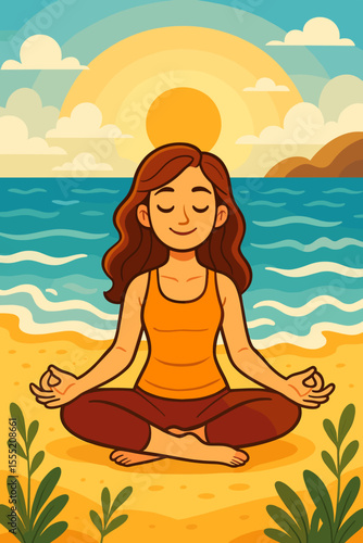 Wallpaper Mural Serene woman practicing yoga meditation on sandy beach at sunrise, peaceful ocean waves, mindfulness, relaxation, wellness retreat, vector cartoon illustration, tranquil coastal landscape Torontodigital.ca