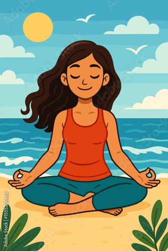 Tranquil woman practicing yoga meditation on sandy beach by ocean waves, summer sun, relaxing seaside mindfulness, healthy lifestyle, peaceful cartoon vector illustration, outdoor wellness