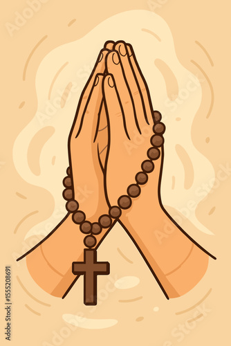 Serene Hands in Prayer Position Holding Rosary Beads, Mindfulness Meditation Practice, Spiritual Calmness, Vector Cartoon Illustration, Peaceful Religious Devotion Concept