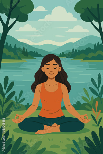 Wallpaper Mural Peaceful woman practicing yoga meditation outdoors, sitting cross-legged by tranquil lake, surrounded by lush green nature, mountains, trees, mindfulness, wellness, vector illustration Torontodigital.ca