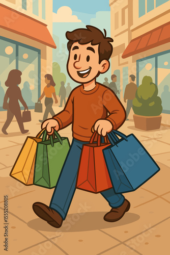 Cartoon shopper walking with colorful shopping bags on busy city street, retail therapy, mall shopping spree, urban lifestyle, consumerism, people outdoors, vector illustration