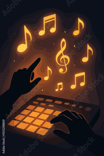Silhouette hands creating electronic music on digital pad with glowing musical notes, abstract dark background, modern audio production, creativity, beat making, vector illustration