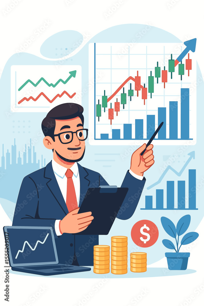 Businessman Analyzing Stock Market Data with Charts, Graphs, Candlestick Patterns, Financial Growth, Investment Strategy, Profit Analysis, Money Management, Economic Success, Vector Illustration Businessman Analyzing Stock Market Data with Charts, Graphs, Candlestick Patterns, Financial Growth, Investment Strategy, Profit Analysis, Money Management, Economic Success, Vector Illustration