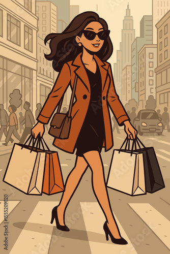 Fashionable woman in stylish coat and heels walking with multiple shopping bags on busy urban city street, modern lifestyle, retail therapy, shopping spree, vector cartoon illustration