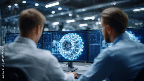 Engineers analyzing a detailed 3D turbine model on dual monitors using advanced CAD tools in a sleek, high-tech engineering lab with collaborative workstations engineering collabor