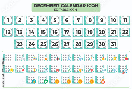 December calendar icon set, editable templates, organization and planning, business and personal use