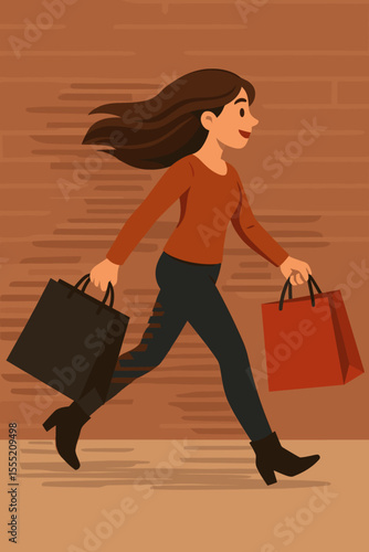 Stylish woman walking quickly with shopping bags, Black Friday sale, retail therapy, urban lifestyle, fast motion, autumn fashion, city street, vector illustration, dynamic movement concept