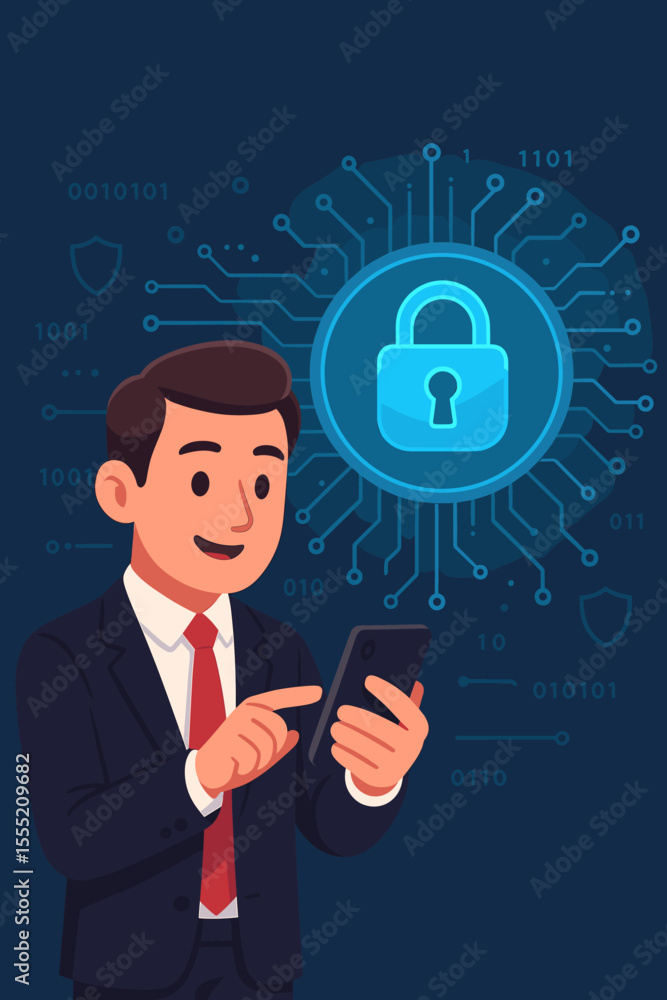 Cybersecurity data protection secure concept with businessman, smartphone, digital lock. Global network privacy, internet safety, secure access, business security. Information technology background. Cybersecurity data protection secure concept with businessman, smartphone, digital lock. Global network privacy, internet safety, secure access, business security. Information technology background.