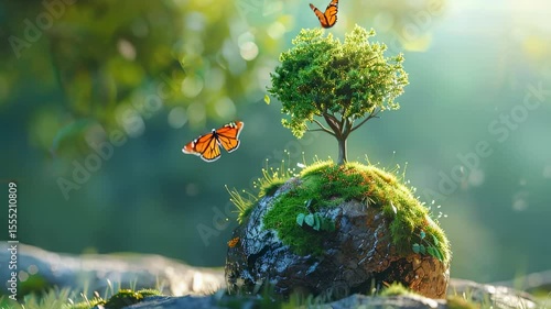 Small tree growing on mossy rock with butterflies, dreamy and vibrant