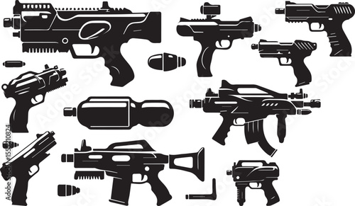 Collection of futuristic sci fi weapon silhouettes including pistols submachine guns and ammunition on a white background