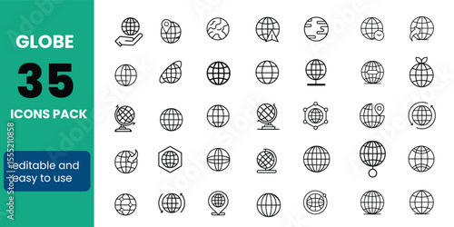 Globe Line Editable Icons set. Vector illustration in modern thin line style of Earth related icons: ecology, care, location, and more. Isolated on white background.