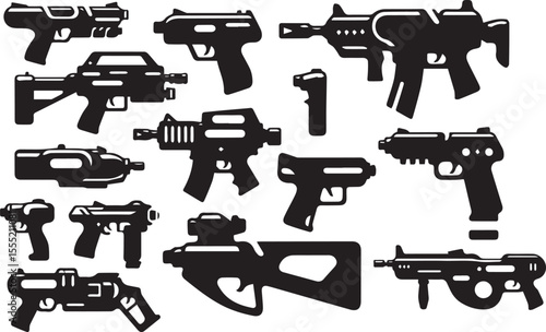 Collection of black silhouette icons representing various futuristic and modern firearms and handguns