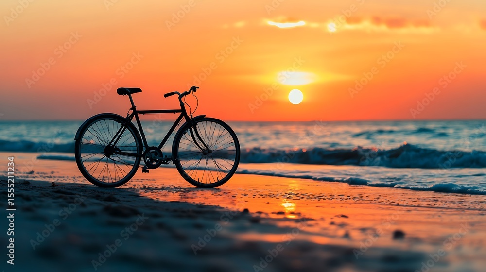 Fototapeta premium Silhouette of Bicycle on Beach at Sunset Serene Coastal Scene Minimalist Design