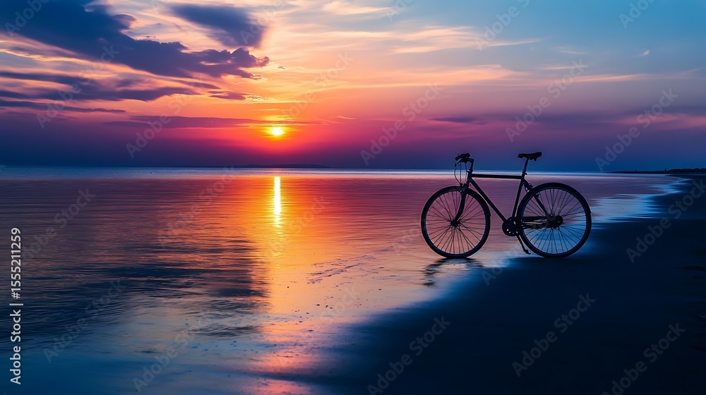 Obraz premium Silhouette of Bicycle on Beach at Sunset Serene Coastal Scene Minimalist Design