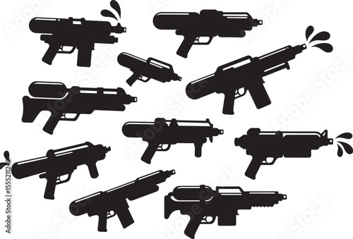 Collection of black silhouette water guns spraying water on a white background for summer fun and games