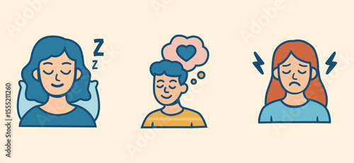 Flat vector showing human expressions of rest, love, and anxiety in cartoon style for wellness and psychological content