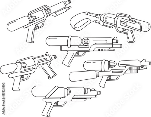 Collection of stylized line art water guns and futuristic blasters with a retro sci fi aesthetic
