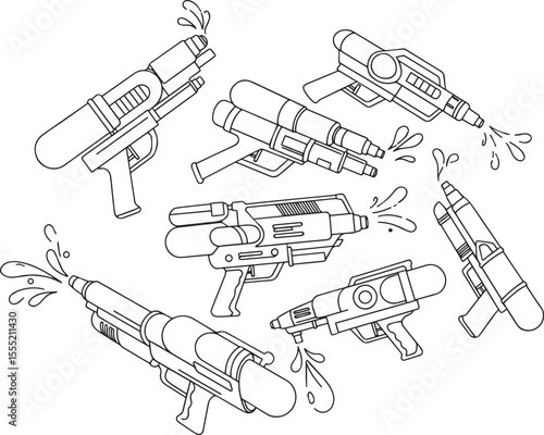 Collection of diverse water guns with splashing water elements in a playful line art style on a white background