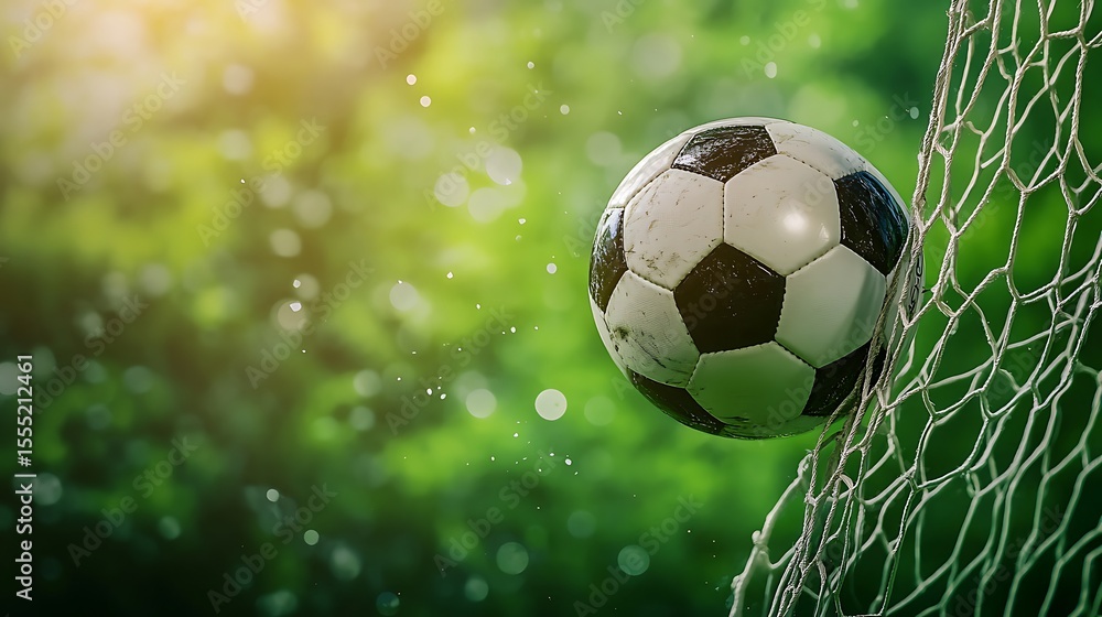 Fototapeta premium Soccer ball hitting goal net on green background concept of sport victory energy football match focus