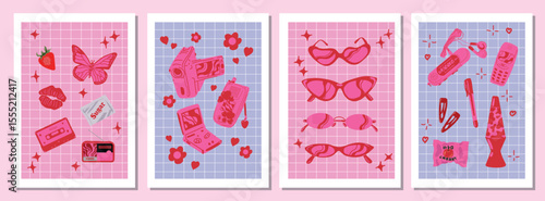 Y2K Nostalgia Vector Set 2000s Aesthetic Objects in Pink Retro Style