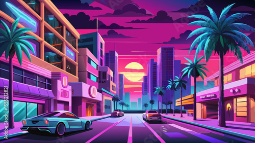 Palm trees sway along Ocean Drive under neon pink and blue lights. Art Deco buildings line the street with glowing windows, while the breeze carries the scent of saltwater. A classic car passes by 