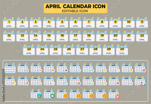 Editable vector icon set of april calendar, with complete date and various icons that can be customized easily and neatly