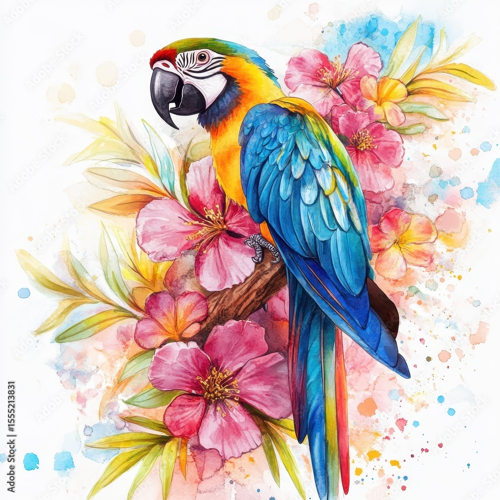 Fototapeta premium Vibrant Watercolor Parrot Amidst Tropical Blooms: Aloha Beach Scene