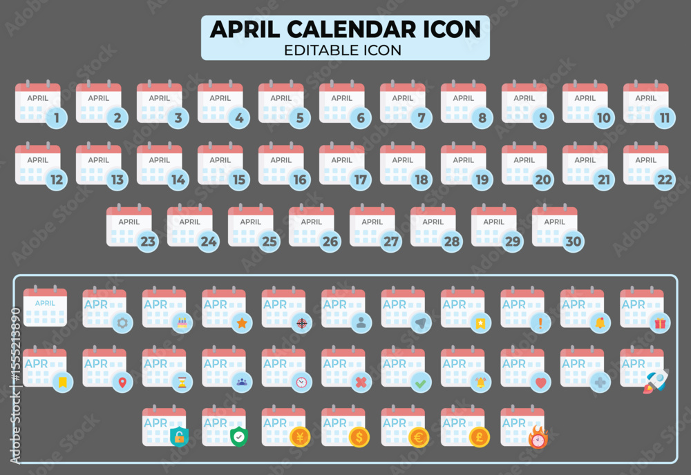 Set of April Calendar Icons with Editable Elements for Design and Scheduling Projects Set of April Calendar Icons with Editable Elements for Design and Scheduling Projects