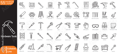 55 Vector Icons of Hardware Tools – Minimal Line Icons of Construction Equipment, Repair Gear, DIY Essentials, and Safety Accessories for UI, Infographic, Work Manuals, or Stock Design Use