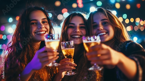 Three cute girls cheers drink at night with beautiful decoration celebration for free from college