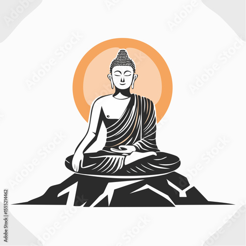 Black and white Buddha Images vector. Buddha sitting on a rock with the sun behind it.