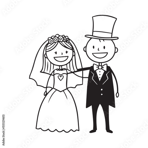 Cartoon Wedding Bliss A Cheerful Bride and Groom in Black and White Illustration Celebrating their Special Day
