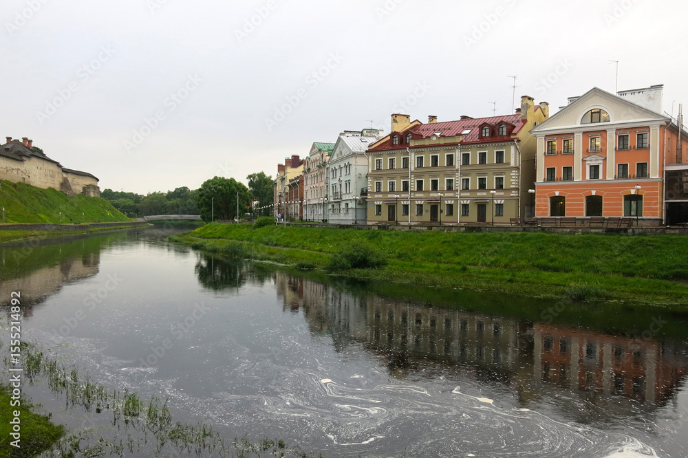 Fototapeta premium An elite quarter in Pskov by the river opposite the Kremlin