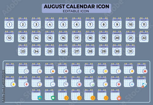 Set of August Calendar Icon Templates with Editable Design Elements for Planning and Scheduling