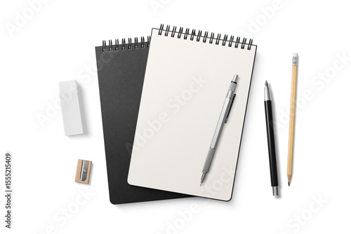 Spiral bound notebook mockup template with black paper cover isolated on a transparent background, PNG. High resolution.