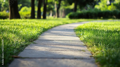 Serene Pathway Through Lush Green Lawn in Tranquil Park Setting