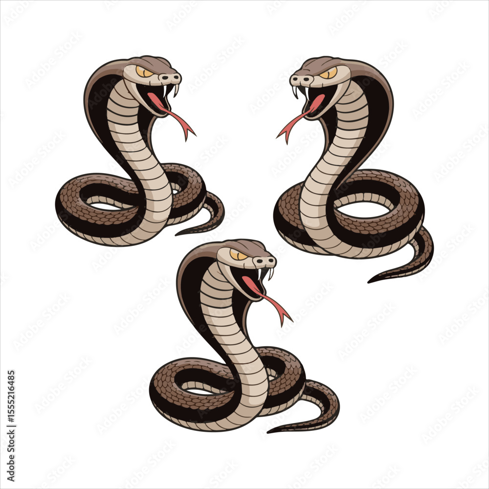 Fototapeta premium Cartoon Cobra Snake Vector Set,Aggressive Cobra Snake Illustration,Coiled Cobra Snake Clipart Collection,Vector Cobras with Fangs and Hood,Dangerous Snake Mascot Design,Colorful Cobra Snake Artwork