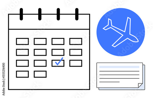 Calendar with highlighted date, blue airplane icon, and boarding pass signifies travel arrangements, vacation planning, itinerary management, business trips, time organization, deadlines